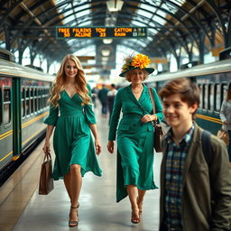 A vibrant train station scene featuring a beautiful young lady with long blonde hair, elegantly walking in a flowy green dress