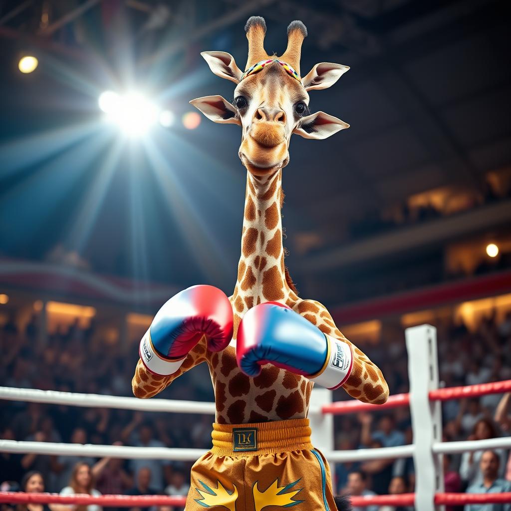 A giraffe dressed as a boxer, standing confidently in a boxing ring