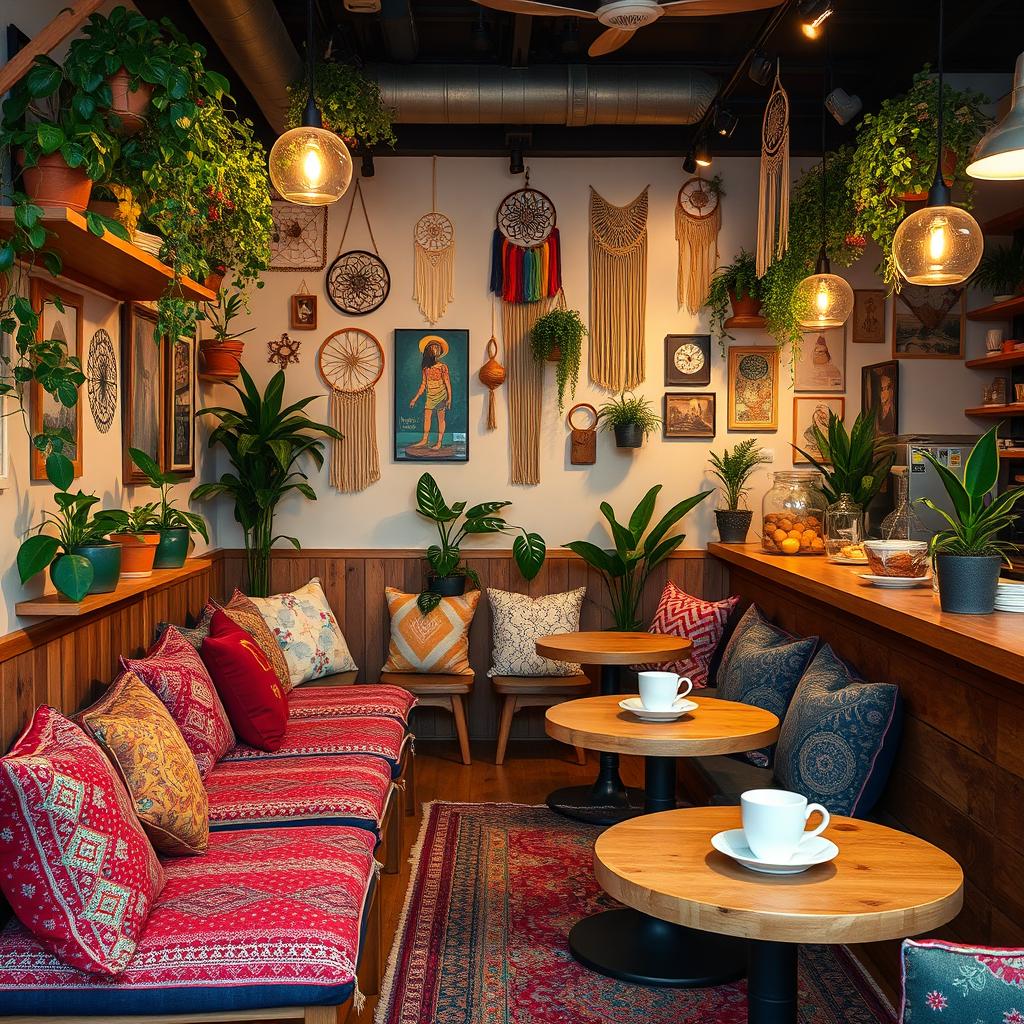 A cozy and inviting boho cafe interior featuring colorful cushions and rugs, natural wooden tables, and plants cascading from shelves