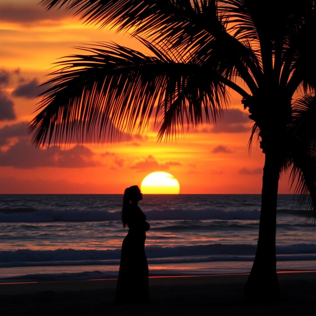 A beautiful sunset over a serene beach scene, with soft waves lapping at the shore