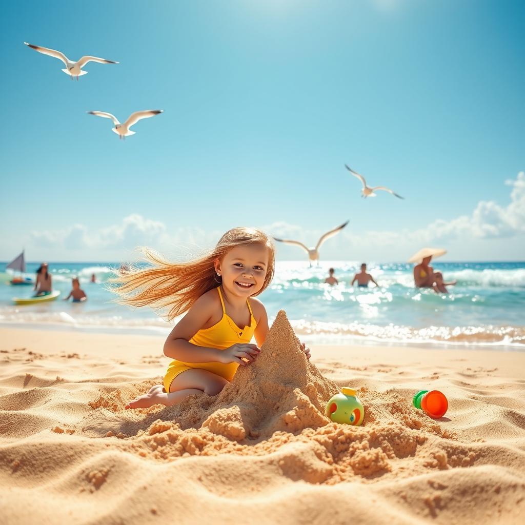 A sun-soaked beach scene featuring vibrant blue waves gently lapping at the shore, with soft golden sand stretching across the foreground