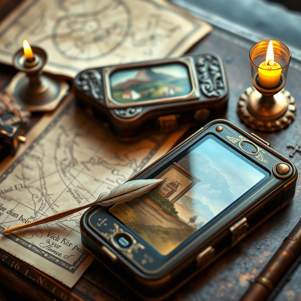An 18th century smartphone with intricate wooden carvings, a handheld design, and leather casing