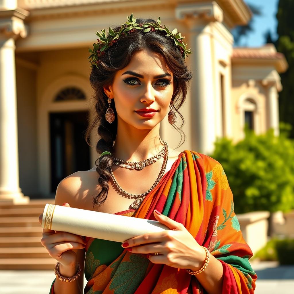 A glamorous influencer from ancient Rome, showcasing a vibrant toga draped elegantly across her shoulders, adorned with intricate gold jewelry and a delicate laurel wreath crowning her head