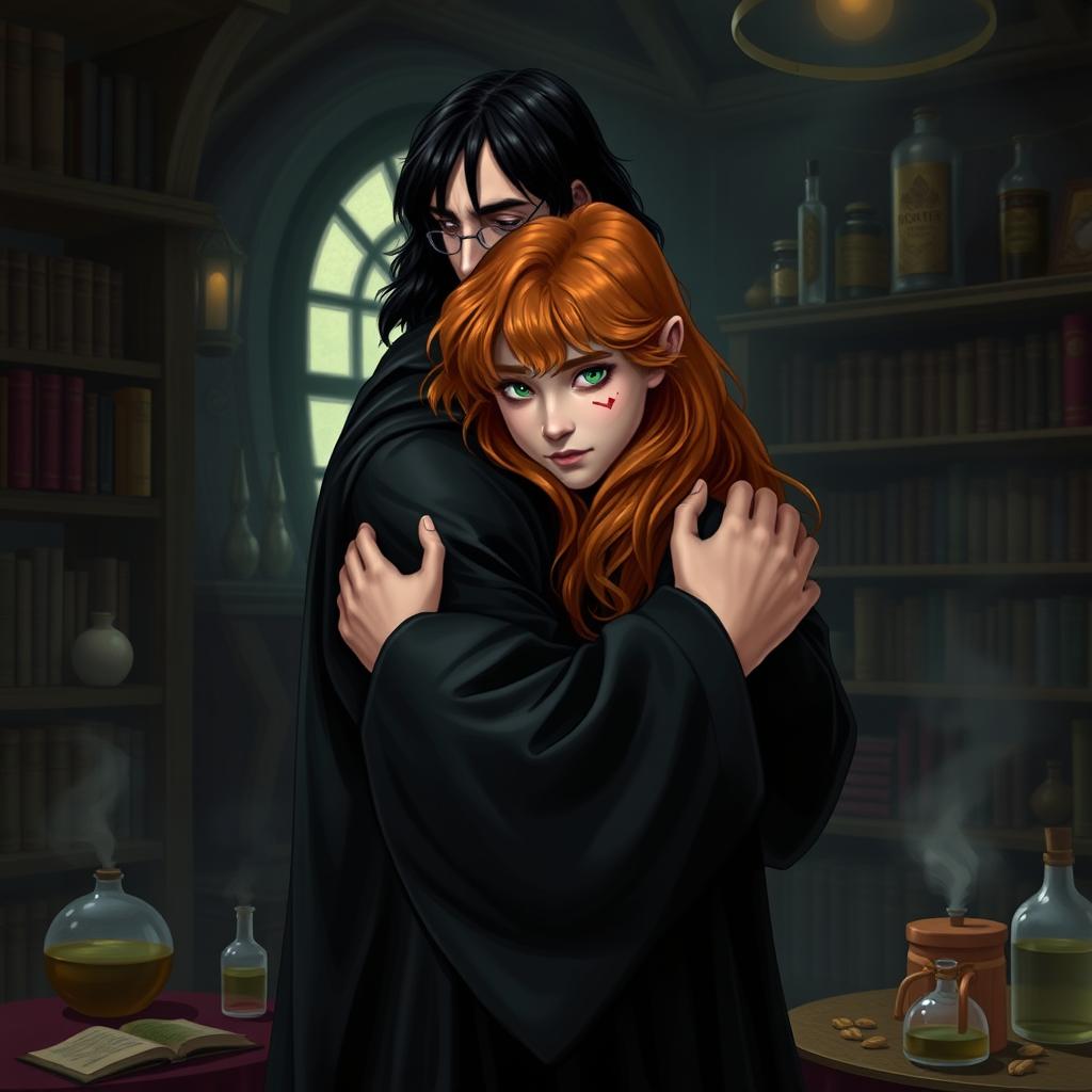 Severus Snape, a tall, dark-haired wizard in his trademark black robes, gently hugging a boy with a normal body type