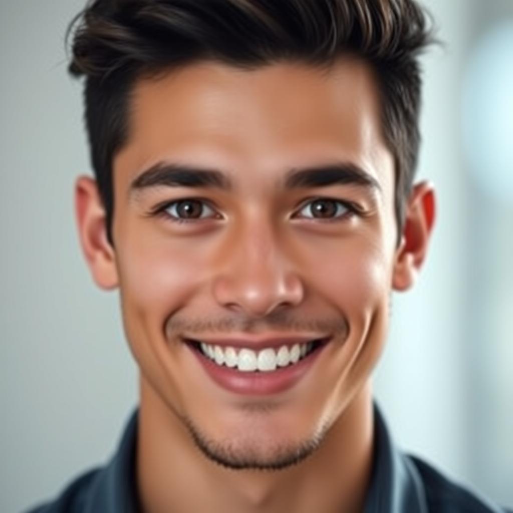 A close-up portrait of a confident young man with a charismatic smile, looking directly into the camera