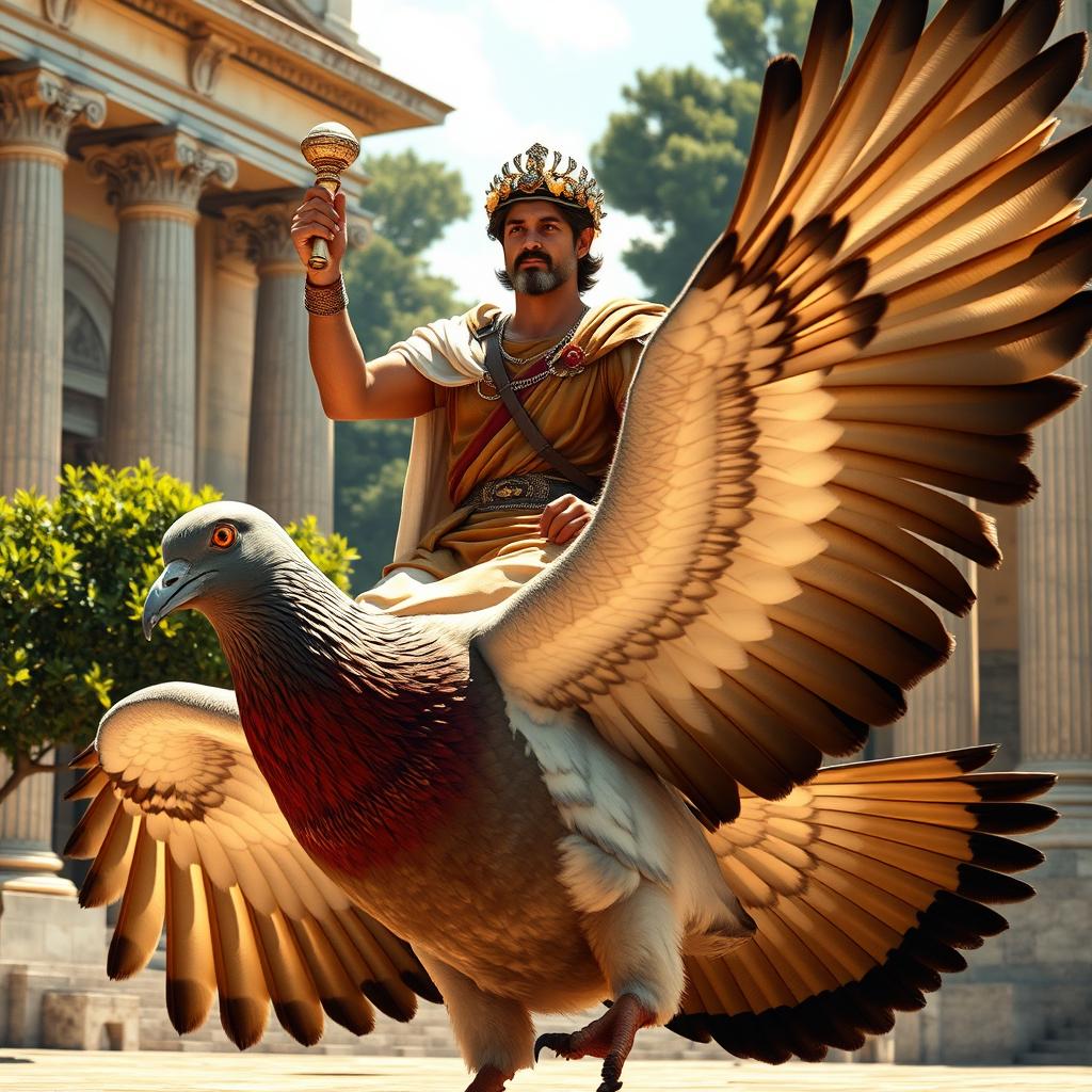 A Roman emperor in traditional attire, including a flowing toga and laurel wreath, confidently riding atop a giant, majestic pigeon