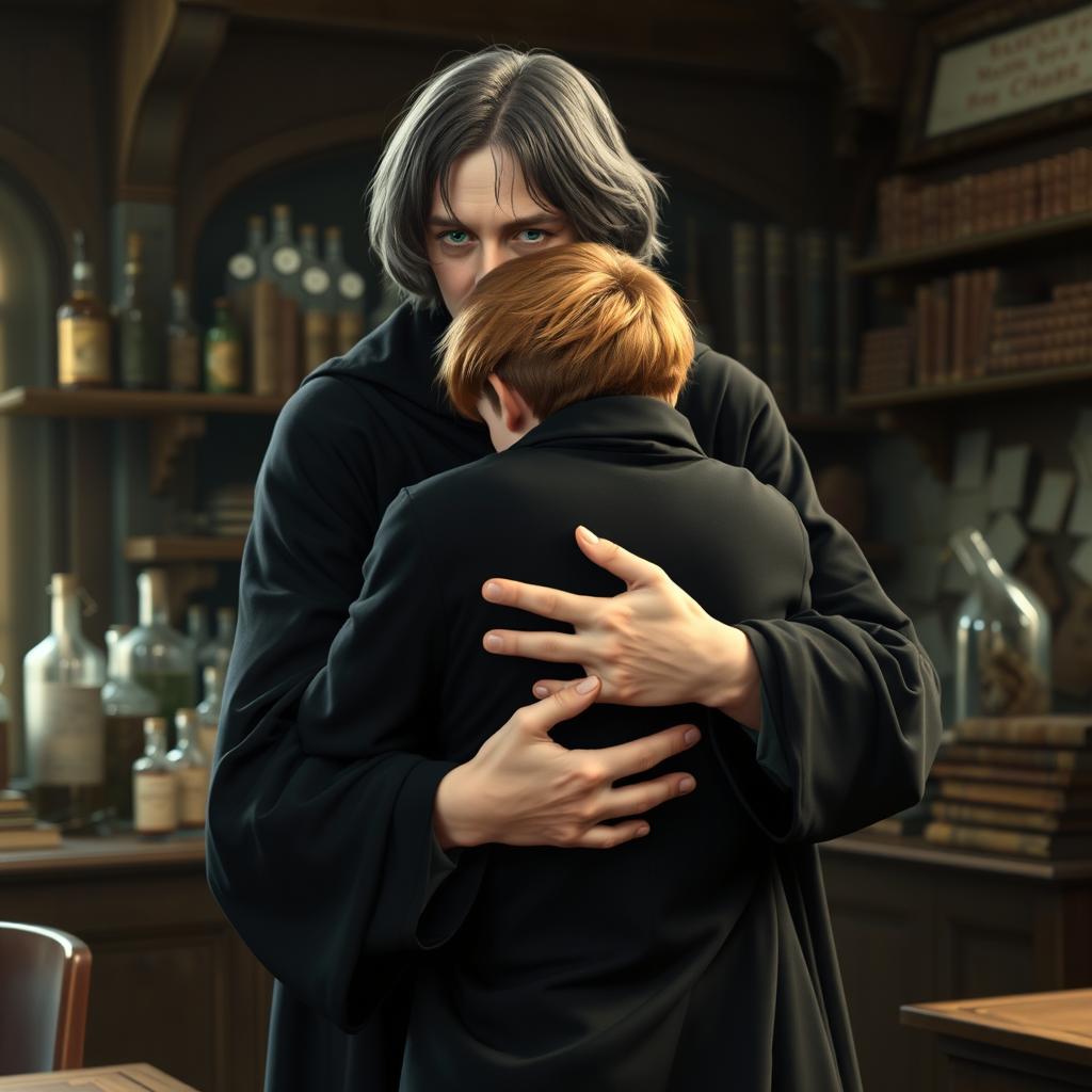Severus Snape, dressed in his iconic black robes, is gently hugging a boy from behind, who has a normal body type