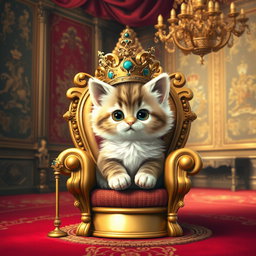 A whimsical scene depicting a fluffy kitten adorned with a royal crown, sitting regally on a golden throne in a lavish palace room