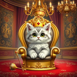 A whimsical scene depicting a fluffy kitten adorned with a royal crown, sitting regally on a golden throne in a lavish palace room