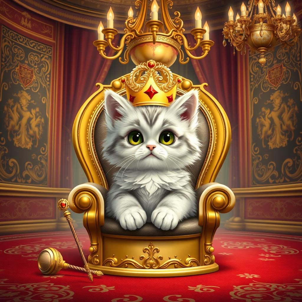 A whimsical scene depicting a fluffy kitten adorned with a royal crown, sitting regally on a golden throne in a lavish palace room