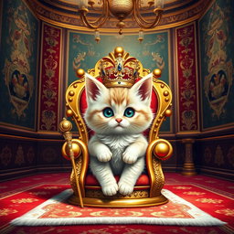 A whimsical scene depicting a fluffy kitten adorned with a royal crown, sitting regally on a golden throne in a lavish palace room