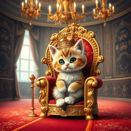A whimsical scene depicting a fluffy kitten adorned with a royal crown, sitting regally on a golden throne in a lavish palace room