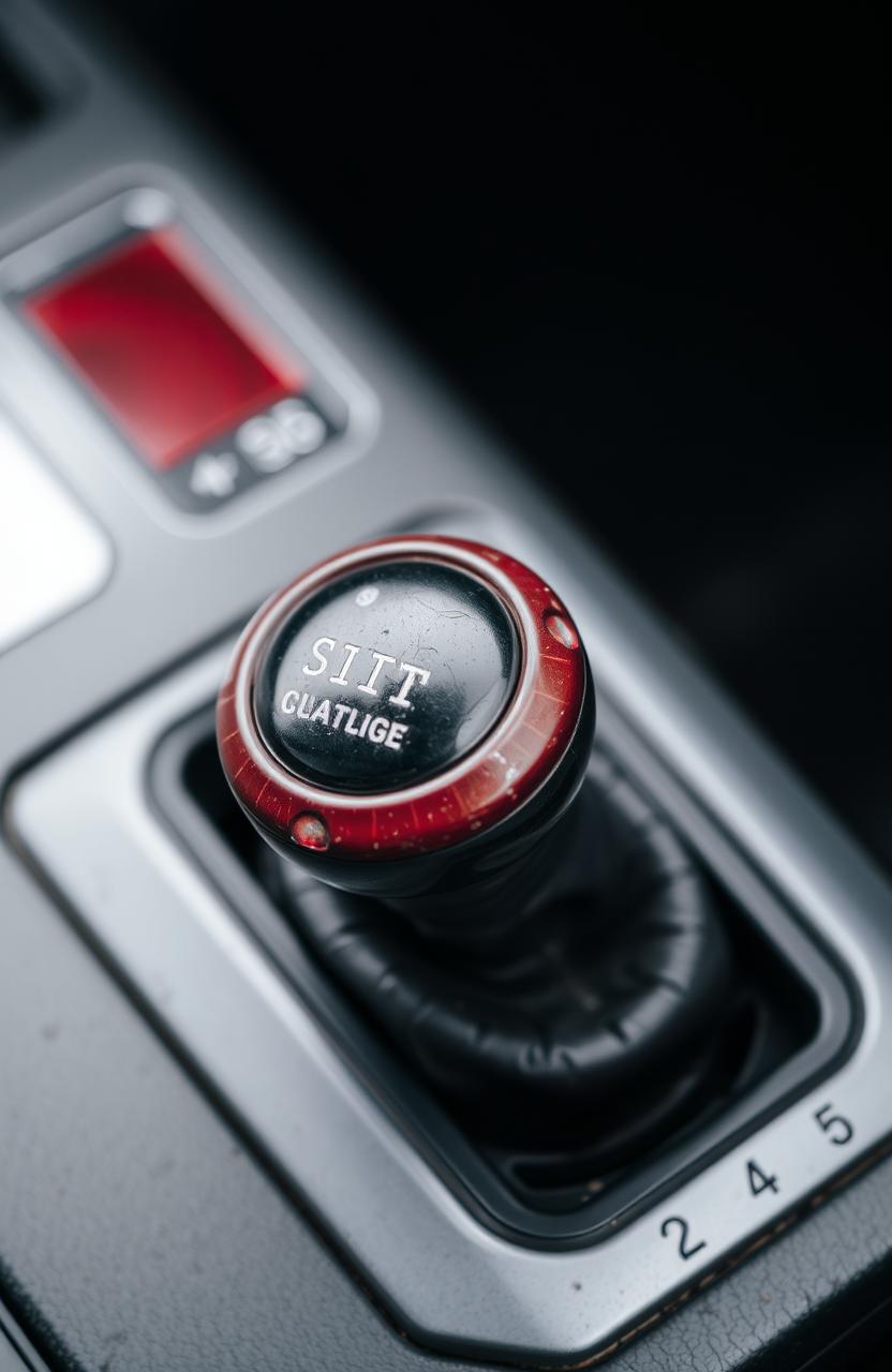 A close-up view of a car's gear shift with a beautifully designed knob