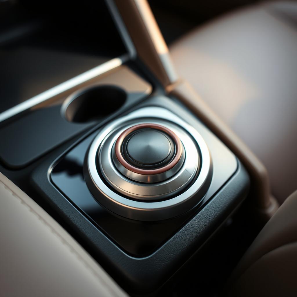 A close-up of a car's gear shift with a detailed view highlighting the knob