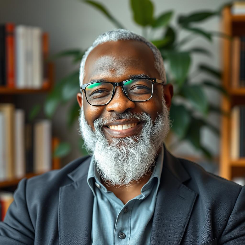 A dignified black middle-aged man with a well-groomed white beard and stylish glasses, dressed in a smart-casual outfit