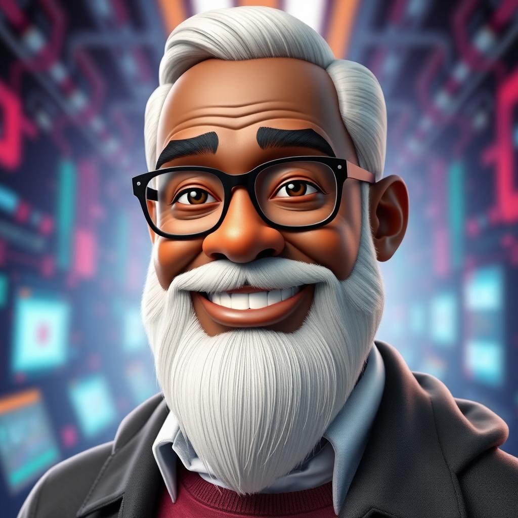 A detailed 3D avatar of a black middle-aged man featuring a well-groomed white beard and stylish glasses