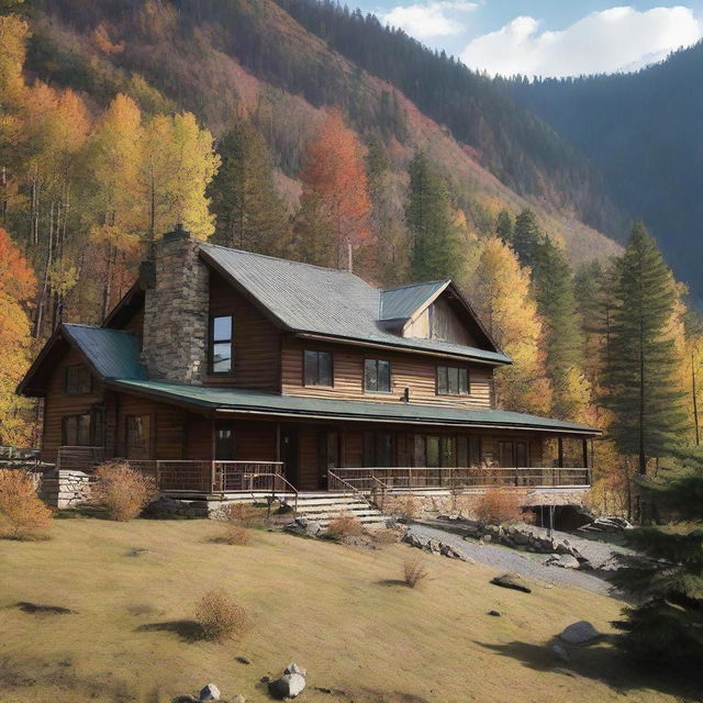 A two-story retreat camp administration building placed on a mountain slope. It features two well-equipped offices, three comfy bedrooms, a functional kitchen, a large dining facility for 80 persons, and an inviting gathering area with a warm, crackling fireplace.