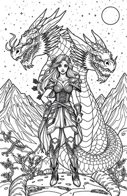 An intricate and empowering illustration for an adult coloring book featuring a fierce, badass woman standing confidently beside a majestic dragon
