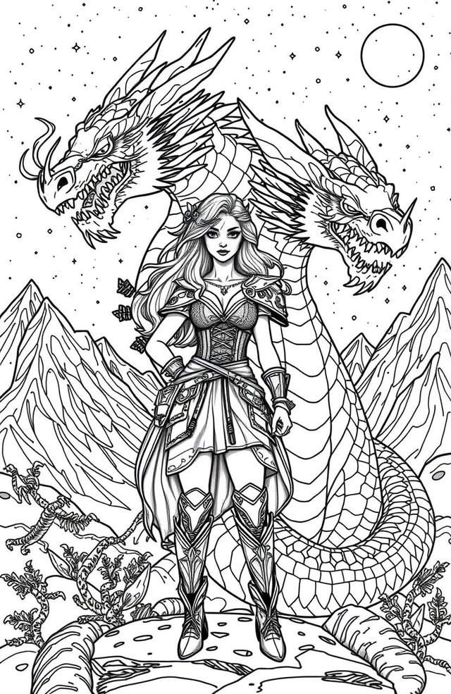 An intricate and empowering illustration for an adult coloring book featuring a fierce, badass woman standing confidently beside a majestic dragon