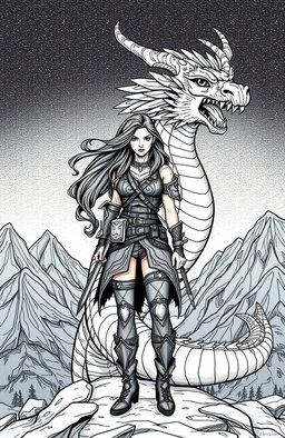 An intricate and empowering illustration for an adult coloring book featuring a fierce, badass woman standing confidently beside a majestic dragon
