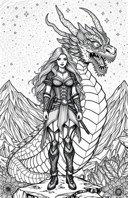 An intricate and empowering illustration for an adult coloring book featuring a fierce, badass woman standing confidently beside a majestic dragon