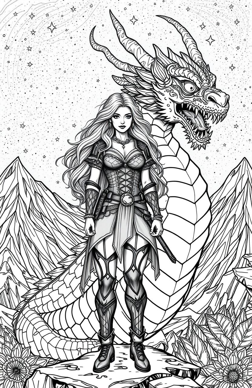An intricate and empowering illustration for an adult coloring book featuring a fierce, badass woman standing confidently beside a majestic dragon