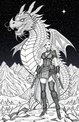 An intricate and empowering illustration for an adult coloring book featuring a fierce, badass woman standing confidently beside a majestic dragon