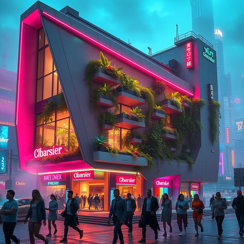 A futuristic cyberpunk building with sleek, angular architecture, adorned with colorful neon lights and integrated greenery