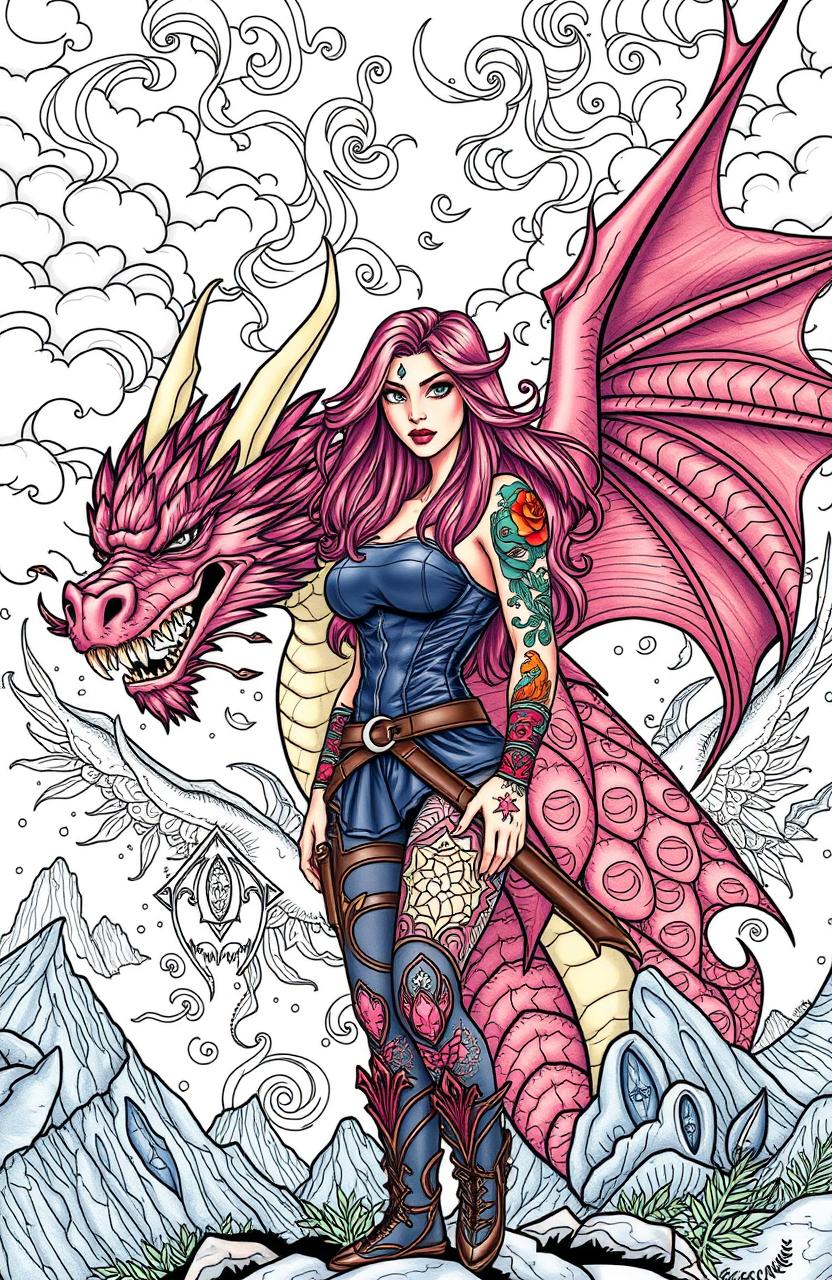 An intricate and empowering adult coloring book cover featuring a fierce woman with vibrant tattoos, standing confidently beside a majestic dragon