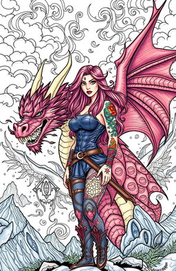 An intricate and empowering adult coloring book cover featuring a fierce woman with vibrant tattoos, standing confidently beside a majestic dragon