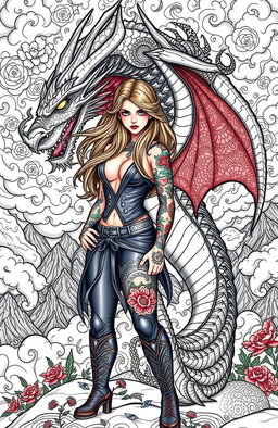 An intricate and empowering adult coloring book cover featuring a fierce woman with vibrant tattoos, standing confidently beside a majestic dragon