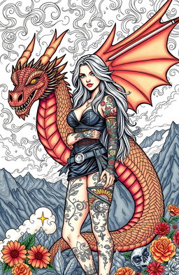An intricate and empowering adult coloring book cover featuring a fierce woman with vibrant tattoos, standing confidently beside a majestic dragon