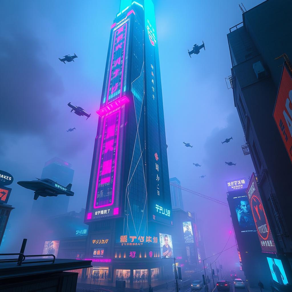 A towering cyberpunk skyscraper, illuminated with vibrant neon lights in shades of blue, pink, and purple