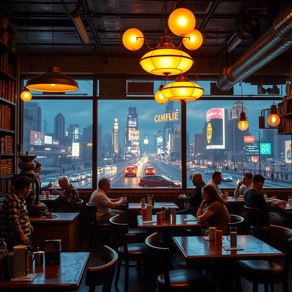 A cozy cyberpunk vintage coffee shop, blending old-world charm with futuristic technology