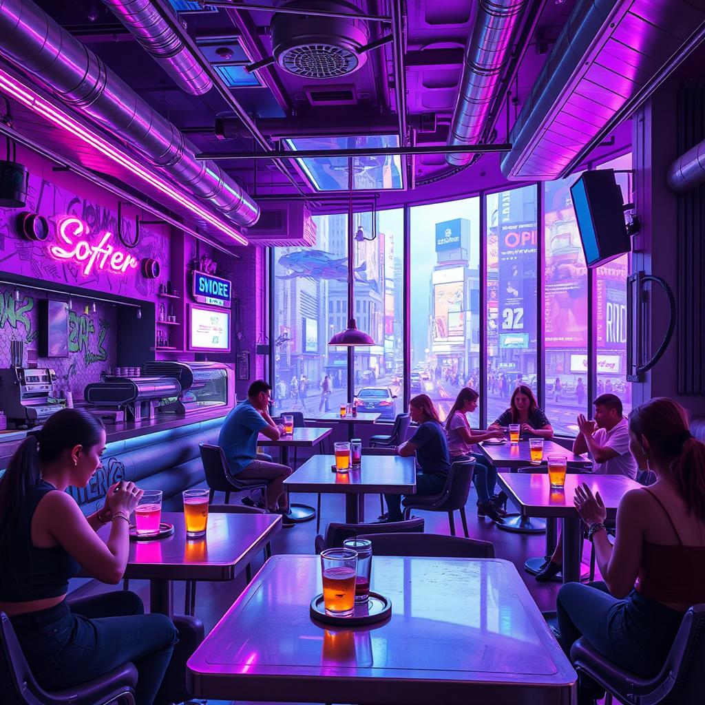 A vibrant cyberpunk coffee shop brimming with futuristic elements and neon aesthetics
