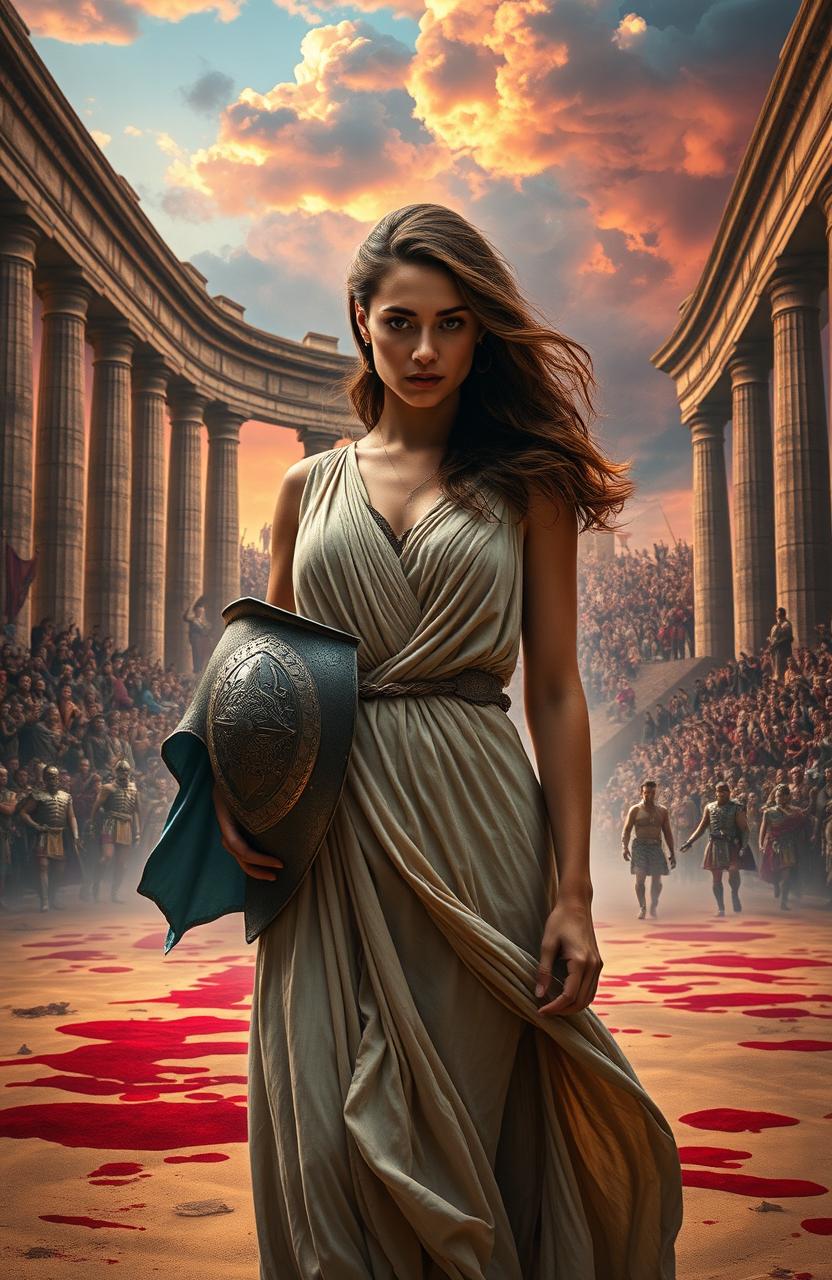 Aurelia stands in the heart of a grand Roman arena, surrounded by ancient stone columns and a vibrant, chaotic background depicting the energy of a crowd witnessing a tragic event