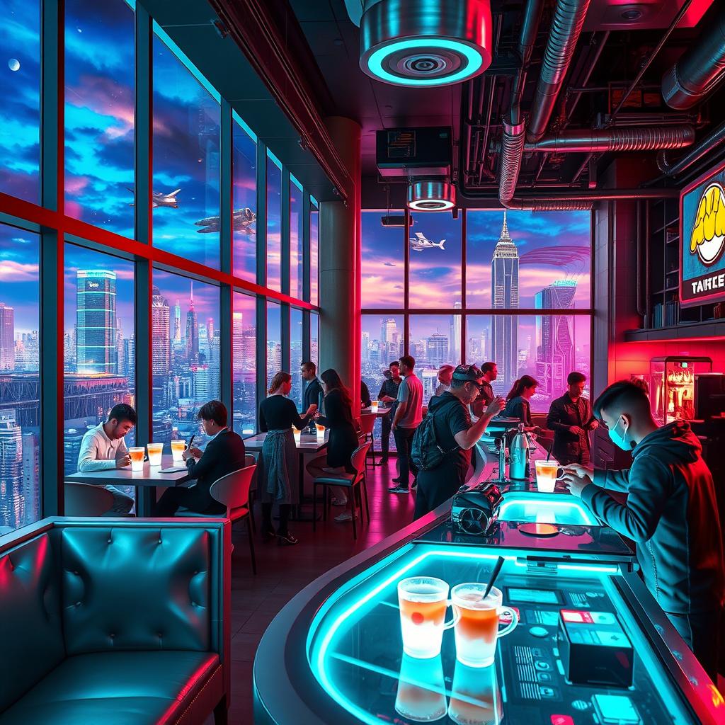 A bustling cyberpunk coffee shop with an energetic atmosphere, featuring futuristic design elements and vibrant neon lights