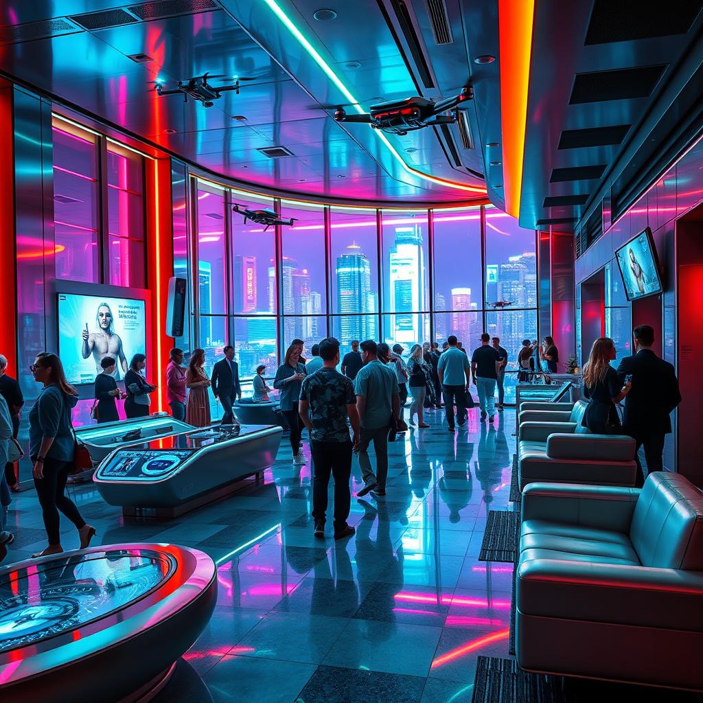 A futuristic cyberpunk hotel lobby, showcasing sleek neon lights, high-tech gadgets, and an array of vibrant colors