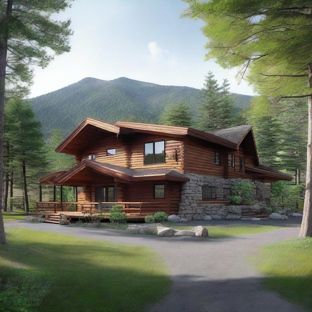 A two-story retreat camp administration building placed on a mountain slope. It features two well-equipped offices, three comfy bedrooms, a functional kitchen, a large dining facility for 80 persons, and an inviting gathering area with a warm, crackling fireplace.