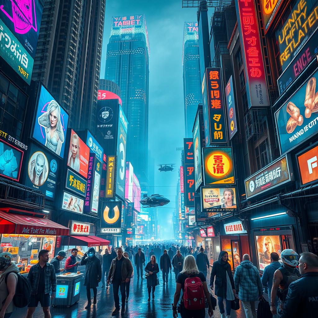 A vibrant cyberpunk entertainment district at night, filled with neon lights, holographic advertisements, and bustling crowds