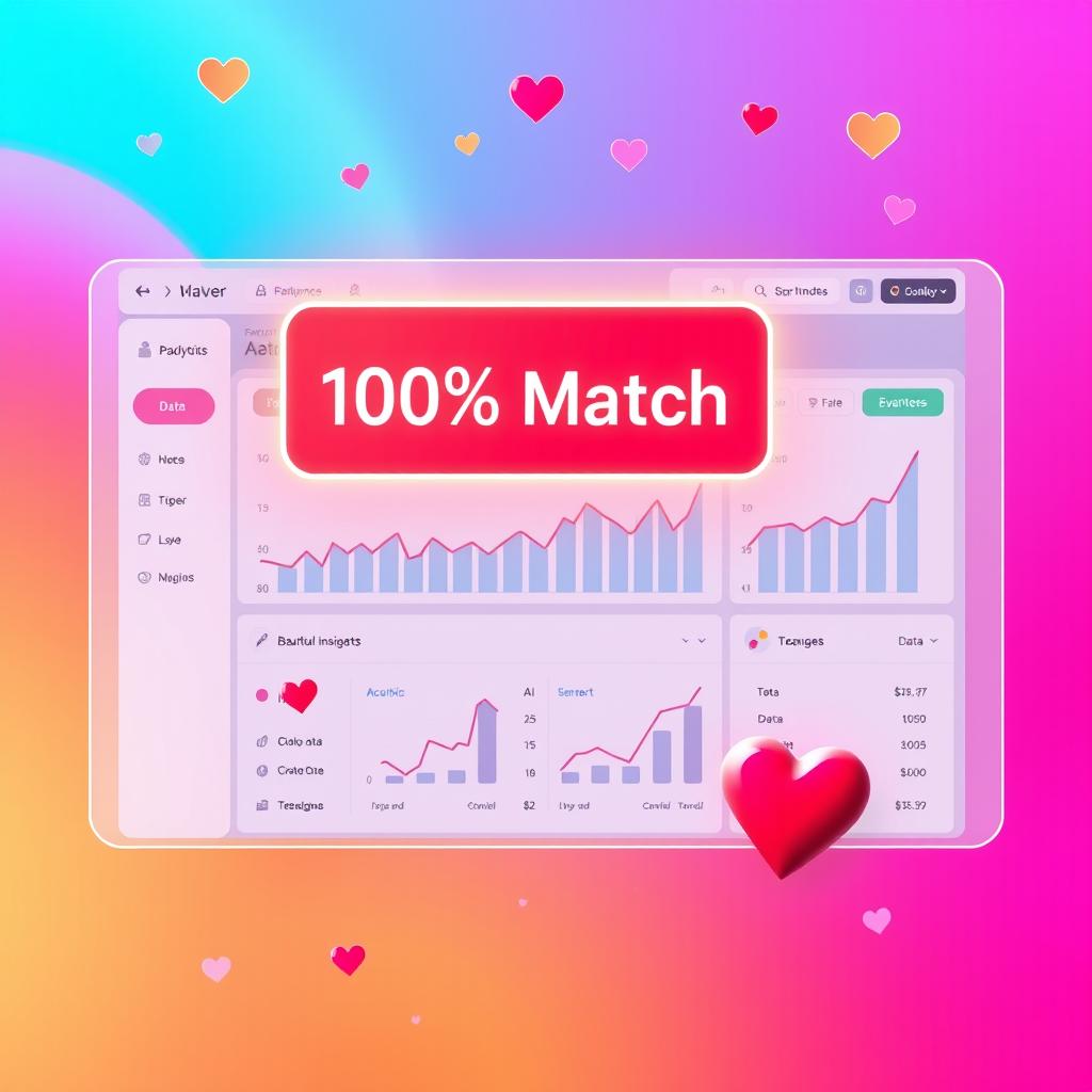 A Tinder-style user interface featuring a vibrant data-driven analytics dashboard, where users can 'swipe right' on varying insights