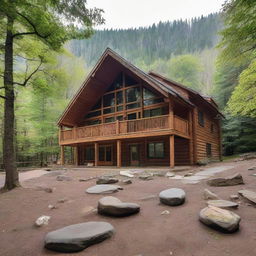 A two-story retreat camp administration building placed on a mountain slope. It features two well-equipped offices, three comfy bedrooms, a functional kitchen, a large dining facility for 80 persons, and an inviting gathering area with a warm, crackling fireplace.