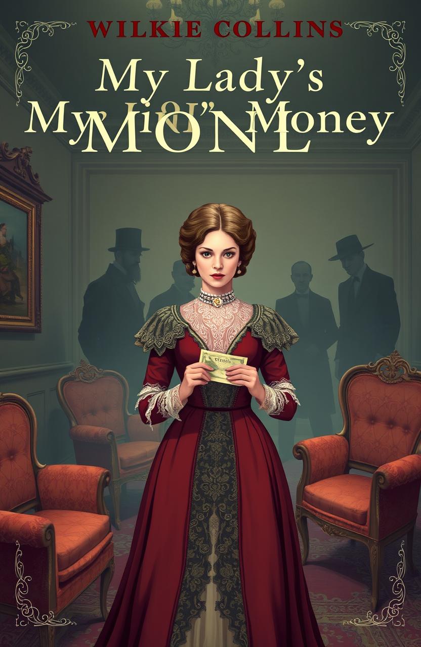 A Victorian-style book cover illustration for 'My Lady’s Money' by Wilkie Collins