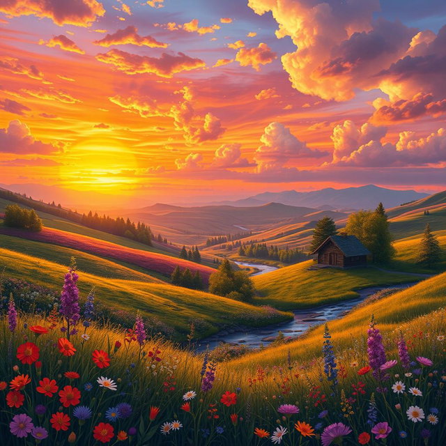 an artistic rendering of a beautiful landscape with rolling hills and a vibrant sunset, the sky filled with hues of orange, pink, and purple, dotted with fluffy clouds, a river winding through the valley, and a small wooden cabin nestled among the trees, in the foreground there are blooming wildflowers in various colors, creating depth and richness to the scene
