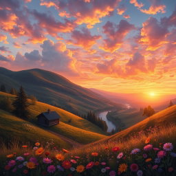 an artistic rendering of a beautiful landscape with rolling hills and a vibrant sunset, the sky filled with hues of orange, pink, and purple, dotted with fluffy clouds, a river winding through the valley, and a small wooden cabin nestled among the trees, in the foreground there are blooming wildflowers in various colors, creating depth and richness to the scene