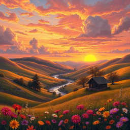 an artistic rendering of a beautiful landscape with rolling hills and a vibrant sunset, the sky filled with hues of orange, pink, and purple, dotted with fluffy clouds, a river winding through the valley, and a small wooden cabin nestled among the trees, in the foreground there are blooming wildflowers in various colors, creating depth and richness to the scene