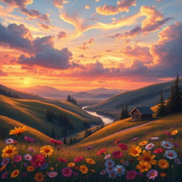 an artistic rendering of a beautiful landscape with rolling hills and a vibrant sunset, the sky filled with hues of orange, pink, and purple, dotted with fluffy clouds, a river winding through the valley, and a small wooden cabin nestled among the trees, in the foreground there are blooming wildflowers in various colors, creating depth and richness to the scene