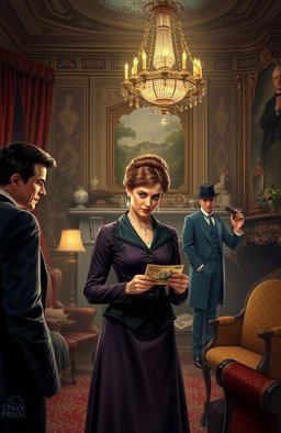 A Victorian-era mystery scene depicting a stylishly dressed noblewoman, Lady Lydiard, in a lavish drawing-room filled with intricate decor and elegant furniture, thoughtfully examining a £500 banknote that seems to have vanished