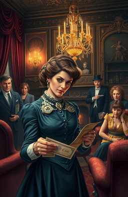 A Victorian-era mystery scene depicting a stylishly dressed noblewoman, Lady Lydiard, in a lavish drawing-room filled with intricate decor and elegant furniture, thoughtfully examining a £500 banknote that seems to have vanished