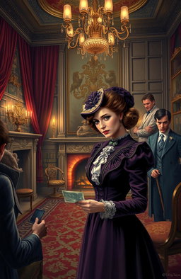 A Victorian-era mystery scene depicting a stylishly dressed noblewoman, Lady Lydiard, in a lavish drawing-room filled with intricate decor and elegant furniture, thoughtfully examining a £500 banknote that seems to have vanished